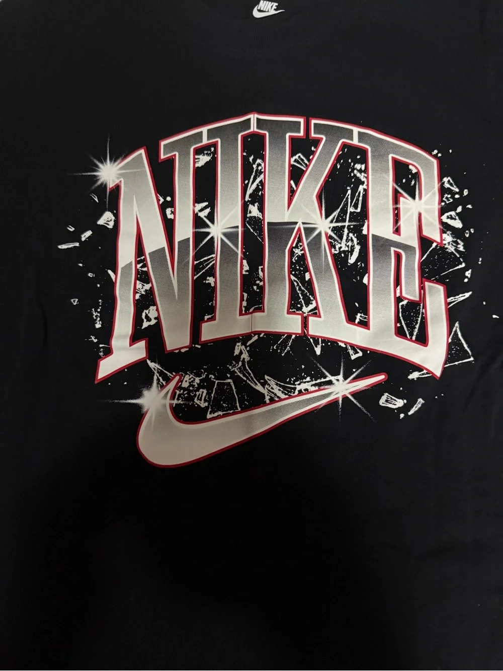 Nike Black Graphic Logo Tee with Silver & Red Accents Boys Medium